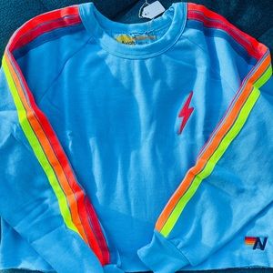 *NEW/NEVER WORN* AVIATOR NATION CROPPED SWEATSHIRT. SKY BLUE w/ NEON STRIPES
